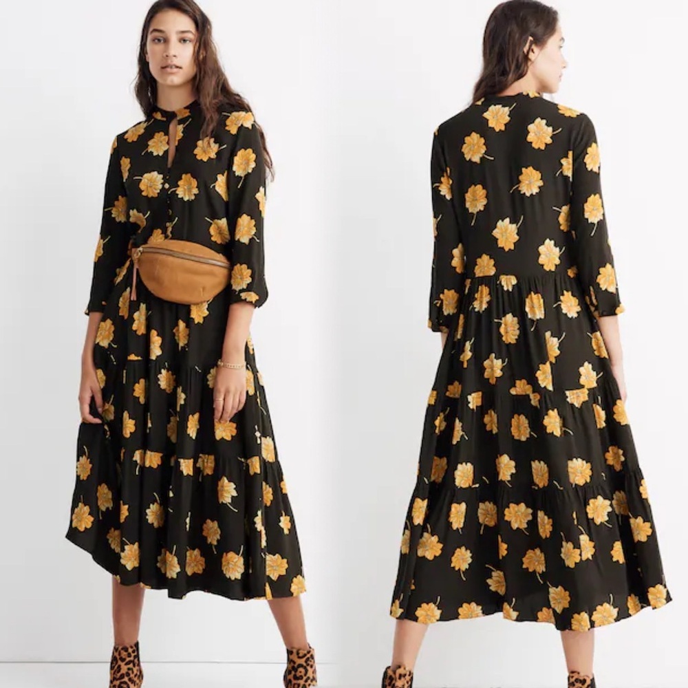 Madewell XS Floral Button-Front Tie Dress Midi Cottagecore Prairie Boho